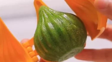 Pistachio modaks drizzled with melted chocolate on a festive plate 3